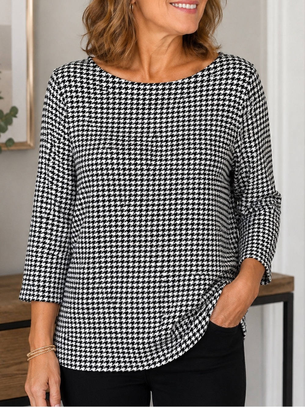J. Jill Wearever Houndstooth knit shirt 3/4 sleeve Black White Stretch Size L
